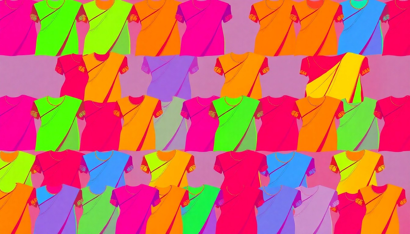 A high-contrast, silkscreen-style illustration featuring a repeated pattern of a brightly colored, iconic fashion item, such as a sari or dress, conceptually representing the designer's unique blend of eastern and western influences.