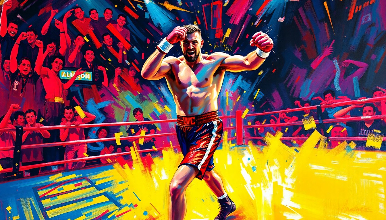 An extreme close-up of Tyson Fury's face, rendered in a vibrant, expressionist style with rapid brushstrokes and neon colors, capturing the raw energy and theatrical nature of the pre-fight press conference.