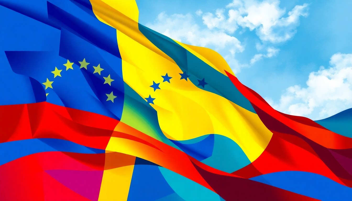 A dynamic, abstract painting featuring overlapping, geometric waves of color in shades of red, yellow, and blue, conceptually representing the political turmoil in Venezuela.