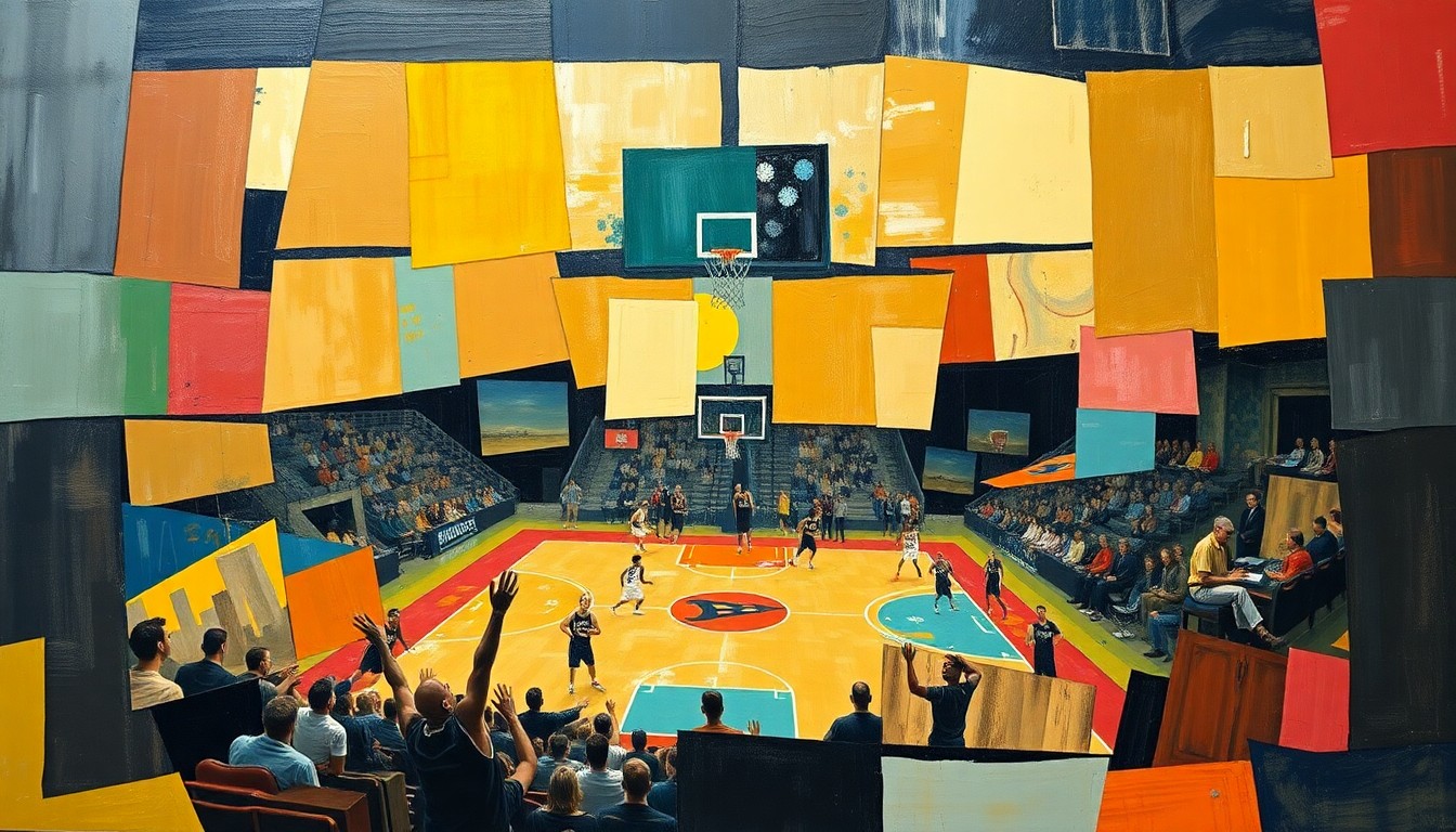 A fragmented, geometric painting depicting a basketball game or match, with sharp, overlapping planes of color and form representing the complexities of DeRozan's situation with the struggling Sacramento Kings.