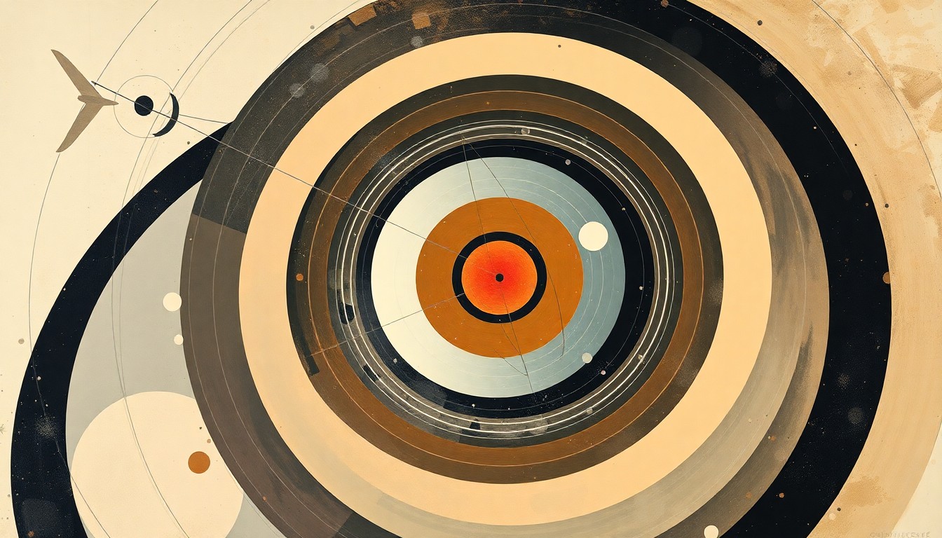 A bold, abstract painting in soft blues, greens, and oranges depicting sweeping geometric arcs, concentric circles, and precise spirals, conceptually representing the complex forces and structures of space exploration.