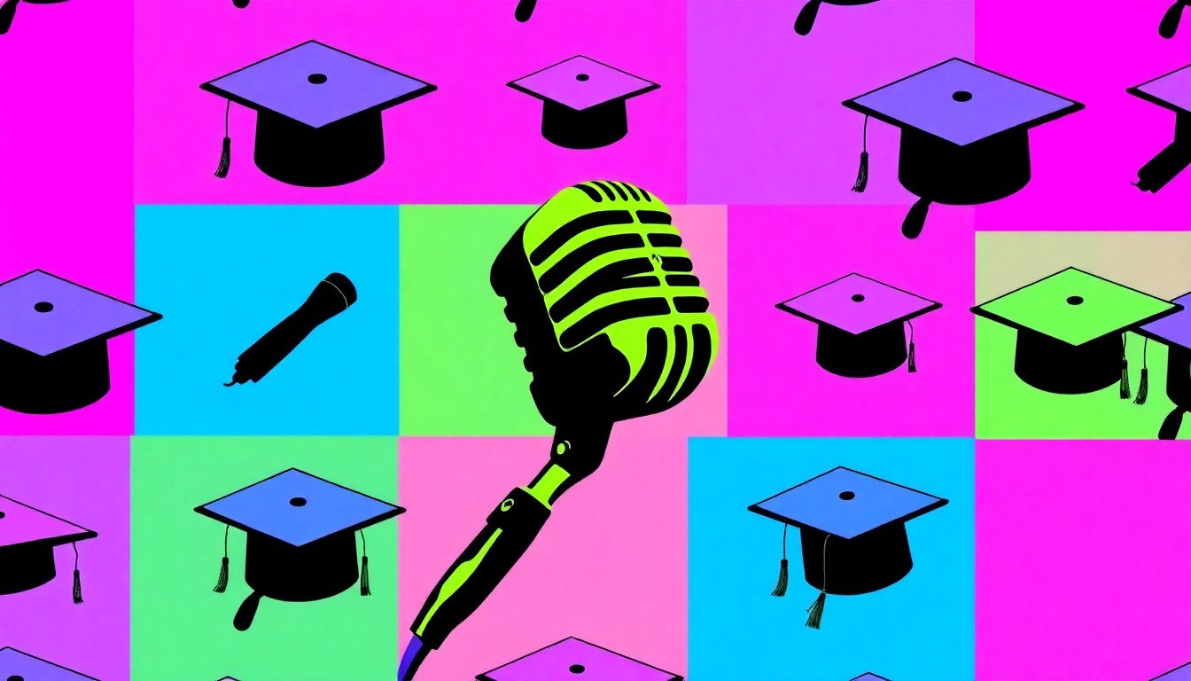 A highly stylized, abstract image composed of a repeating pattern of a graduation cap silhouette in neon pink, yellow, and blue hues, creating a visually striking pop art representation of the controversy surrounding UVU's commencement speaker selection.