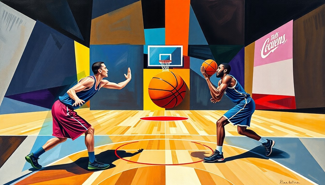 A cubist-style painting depicting a basketball three-point shooting contest, with the players' forms abstracted into angular, colorful shapes and the basketball and court lines cutting through the fractured composition.