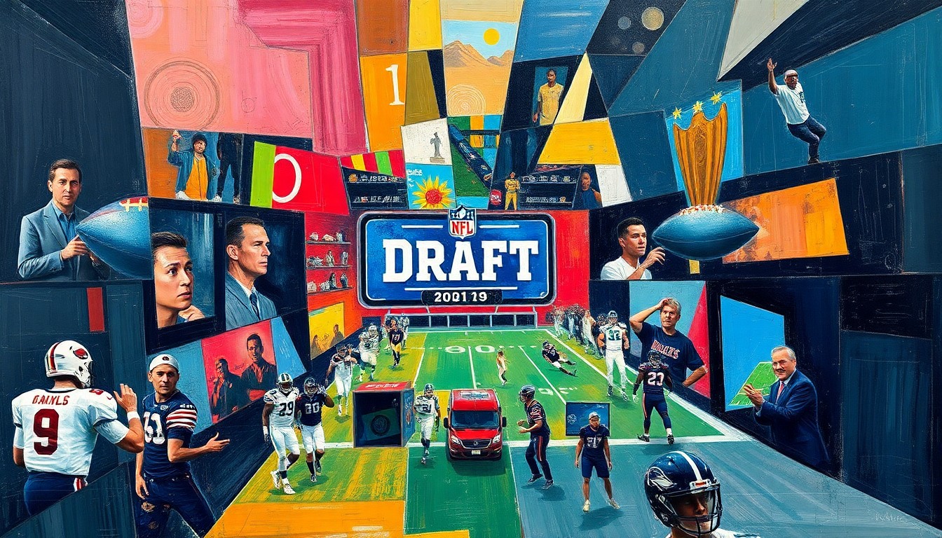 A cubist, geometric painting depicting an abstract NFL draft scene, with overlapping shapes and planes in shades of blue, green, and orange, conveying the complex and multifaceted nature of team-building in the modern NFL.