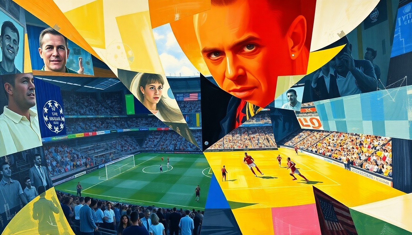 A cubist, geometric painting depicting the chaotic energy of a high-stakes soccer match, with players and the field broken down into overlapping planes of color and shape.