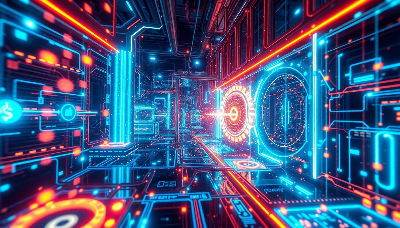 A highly detailed, glowing 3D macro illustration of a futuristic, neon-lit particle simulation system, with pulsing energy fields and intricate digital infrastructure, conceptually representing the advanced visual effects capabilities of the Screen Space Niagara Framework.