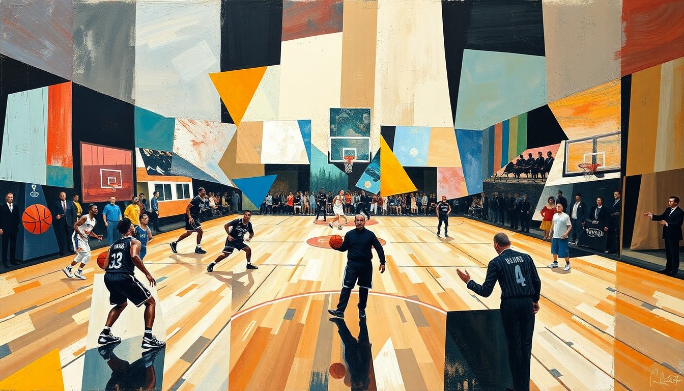 A cubist, geometric painting depicting a basketball game in motion, with the players and court broken down into overlapping, angular shapes and planes of color, conveying a sense of energy and movement.