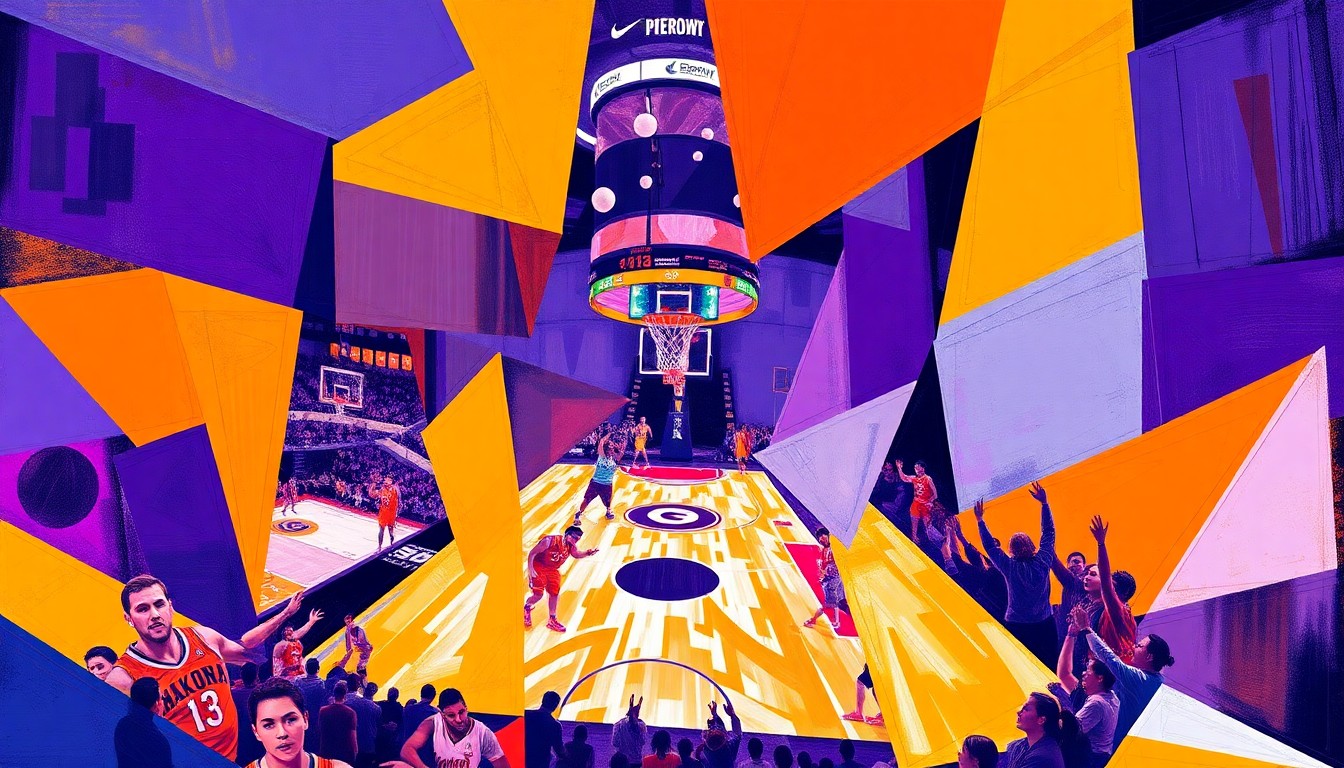 A cubist, geometric painting depicting a Phoenix Mercury basketball game, with the court and players broken down into sharp, overlapping planes of vibrant purple, orange, and white colors.