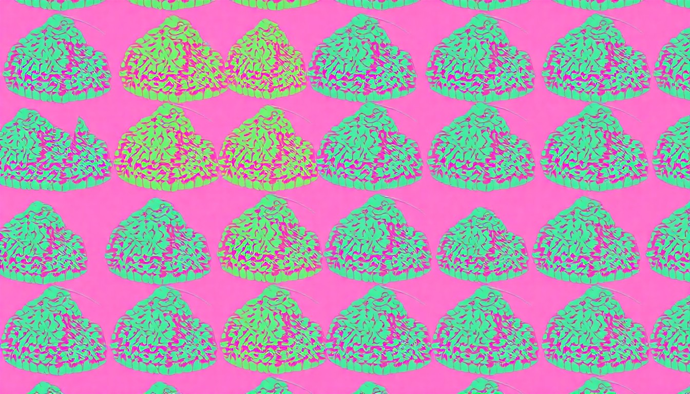A bold, graphic illustration composed of a repeating pattern of a single burrito ingredient, such as a pile of rice or a mound of guacamole, rendered in a high-contrast, silkscreen-style pop art aesthetic with a vibrant, neon color palette.