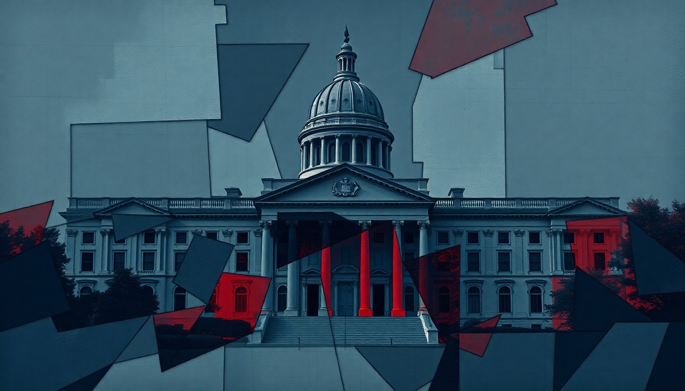 A dynamic, abstract painting featuring overlapping, fragmented shapes in shades of navy, gray, and red, conveying a sense of political turmoil and uncertainty.