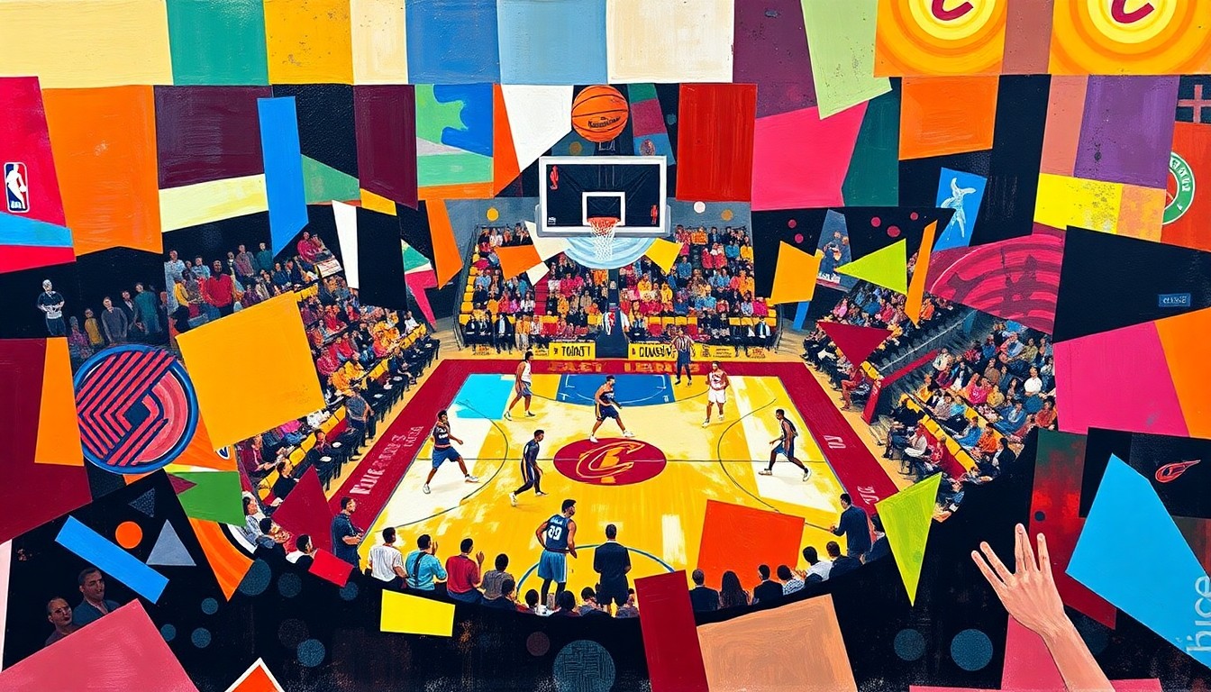 A fractured, multi-perspective painting depicting a basketball game between the Portland Trail Blazers and Cleveland Cavaliers, with the players and action broken down into sharp, overlapping geometric planes in vibrant team colors.