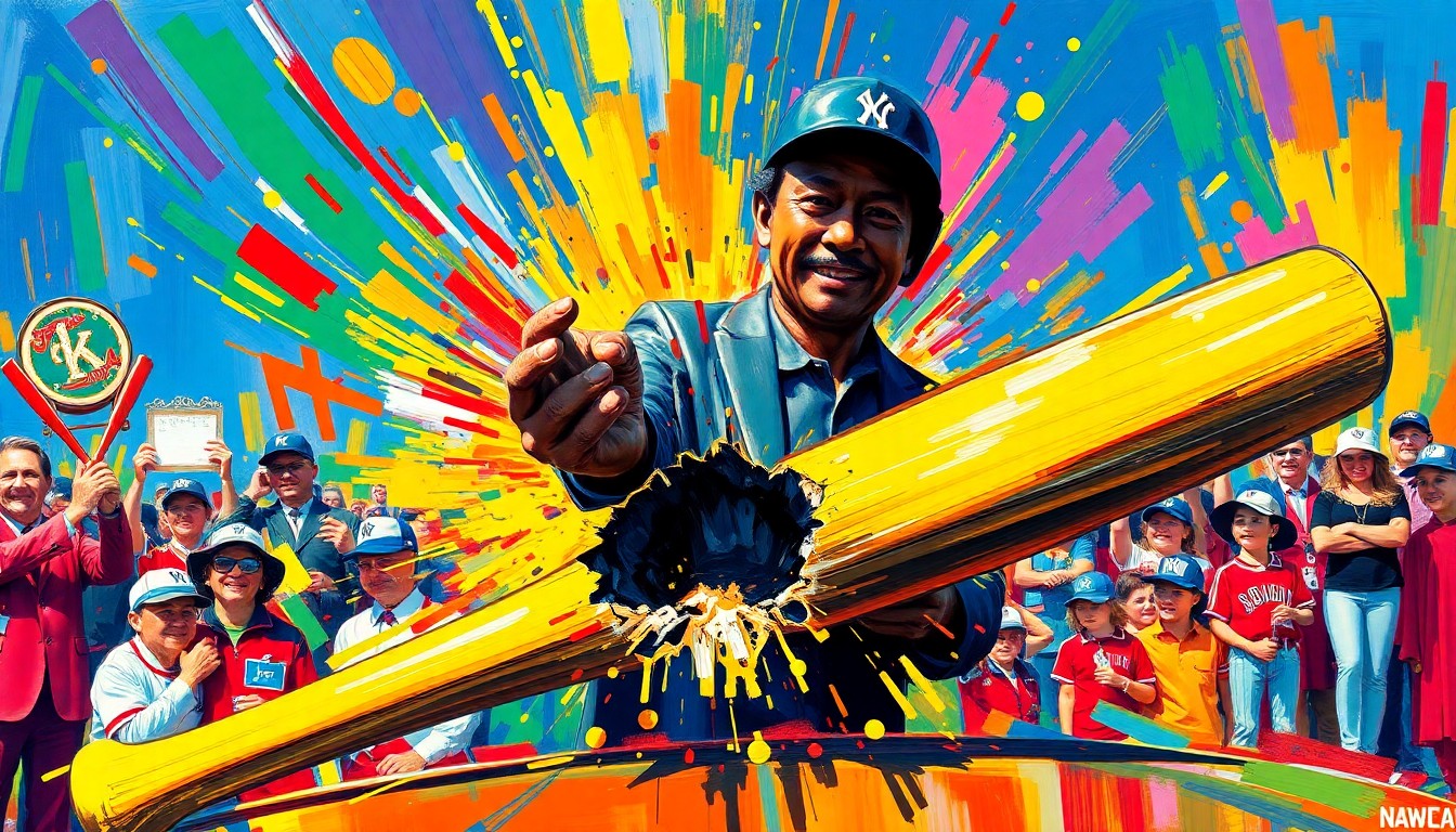 An extreme close-up of a shattered bronze bat, with vibrant neon-colored paint splatters and expressive brushstrokes capturing the energy and humor of the Ichiro Suzuki statue unveiling ceremony.