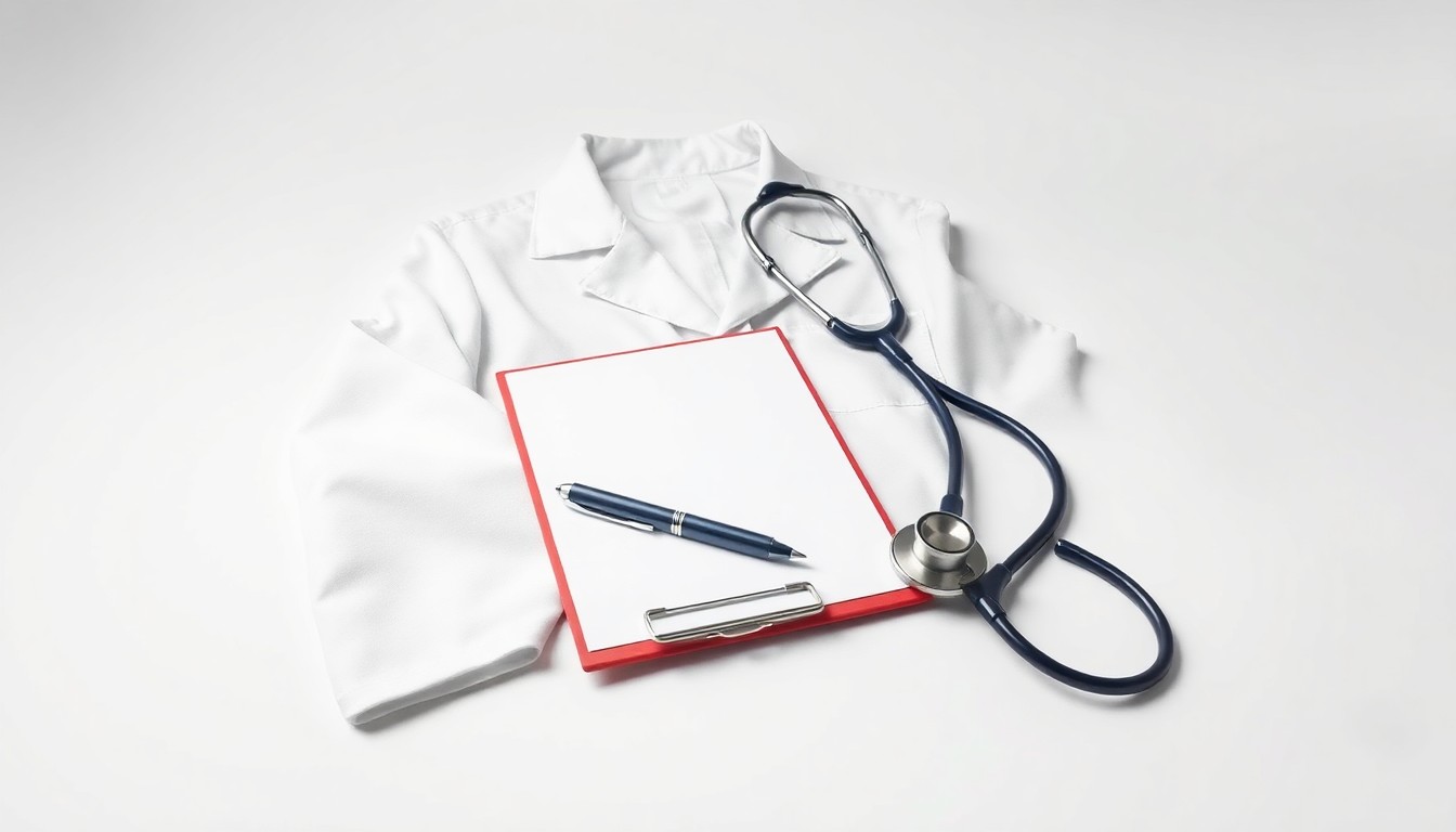 A minimalist, photorealistic studio still life featuring a polished metal stethoscope, a crisp white medical coat, and a clipboard with a pen, all arranged elegantly on a clean, monochromatic background, conceptually representing the intersection of healthcare, labor, and collective action.