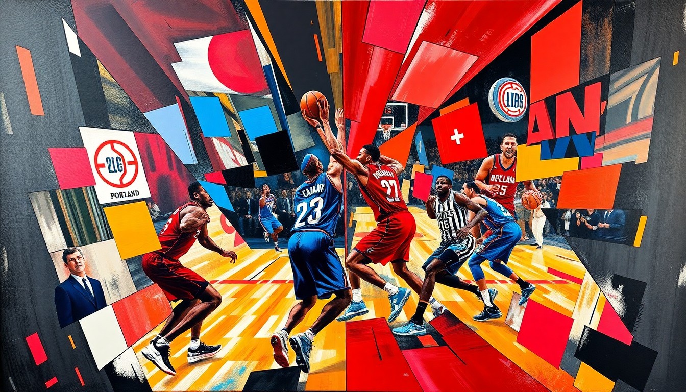A fractured, cubist-style painting depicting the action of a basketball game, with the players and court broken down into sharp, overlapping geometric shapes and planes in a vibrant color palette, capturing the intensity and energy of the competition.