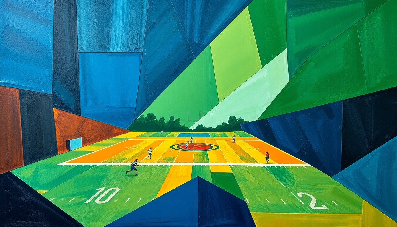 A cubist-style painting depicting a high school football game broken down into sharp, overlapping geometric shapes in navy, green, and orange, conveying the dynamic energy and competitive spirit of the sport in Kentucky.