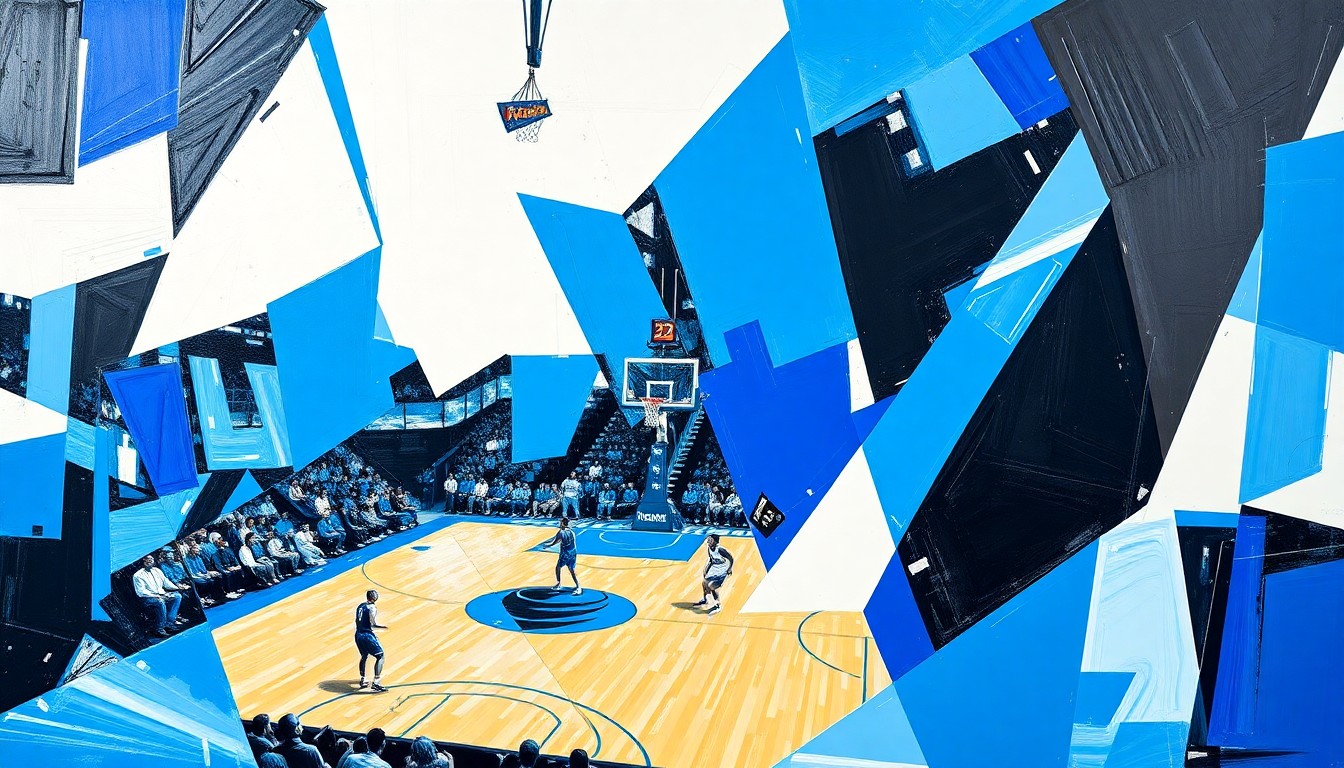 A cubist, geometric painting depicting a basketball game or match, with overlapping planes of color and shape representing the dynamic action on the court.
