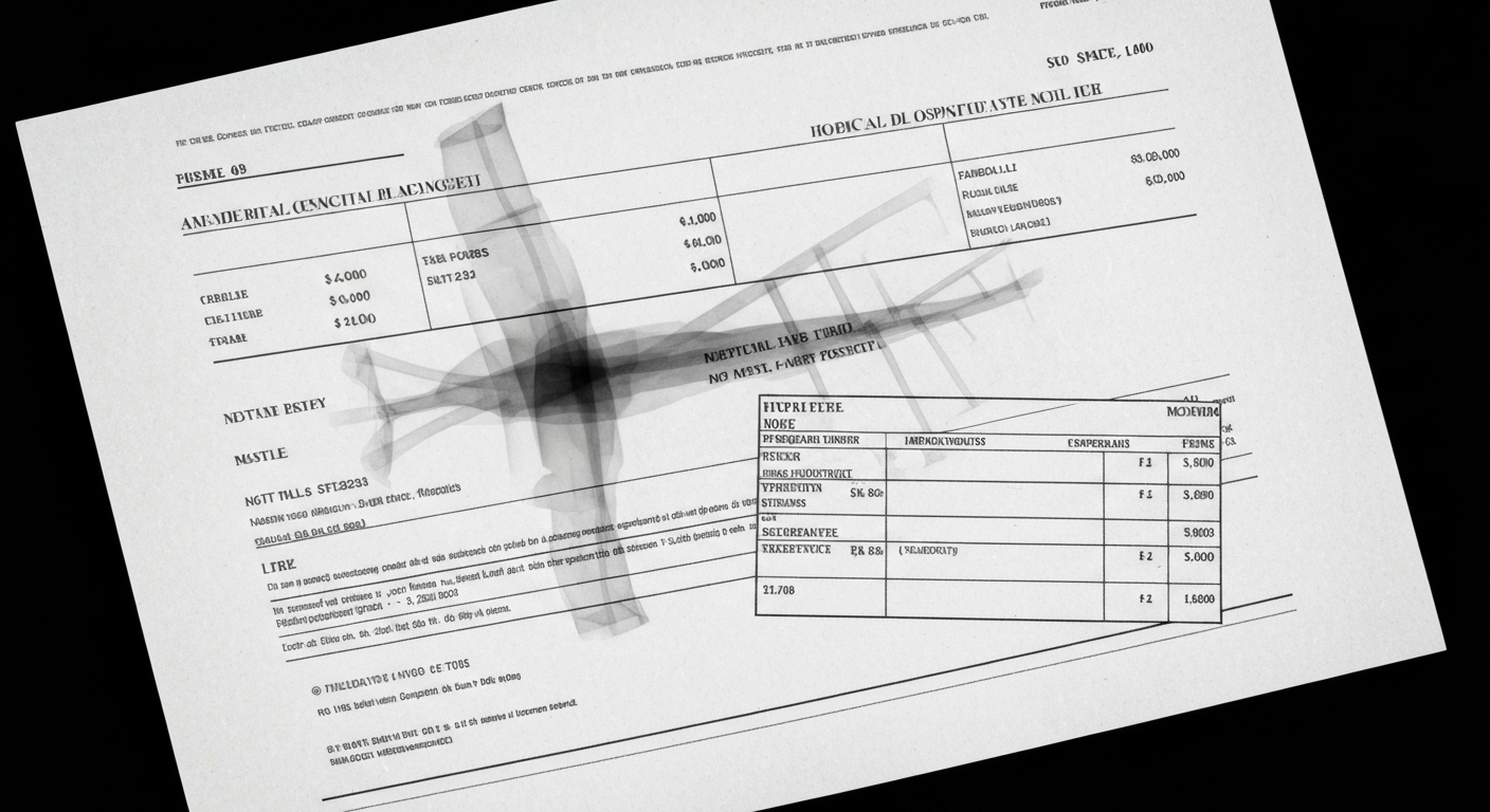 A translucent X-ray photograph revealing the intricate internal structures and financial details of a medical bill or hospital paperwork, conceptually illustrating the hidden costs and inequities of the U.S. healthcare system.