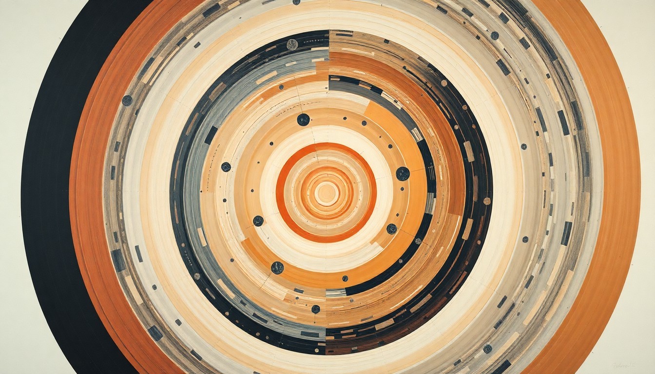 A highly structured abstract painting in soft, muted colors featuring sweeping geometric arcs, concentric circles, and precise spirals, conceptually representing the complex astrophysical processes observed by the Chandra X-ray Observatory.