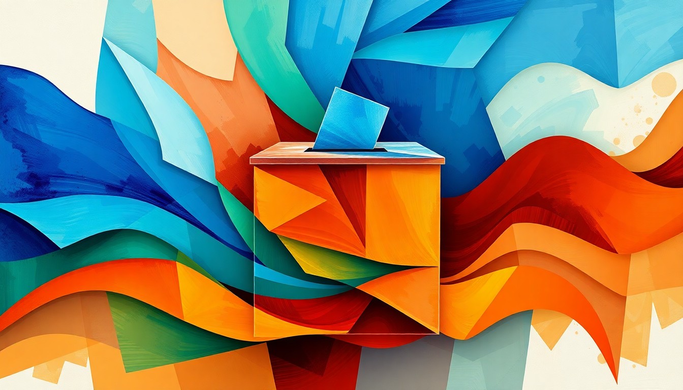 A dynamic, abstract painting featuring a fractured, overlapping image of a ballot box or voting booth, rendered in bold, contrasting colors that convey a sense of political tension and uncertainty.