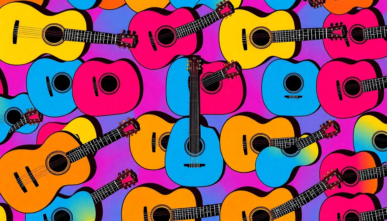 A brightly colored, high-contrast silkscreen print of a mariachi musician's guitar repeated in a tight grid pattern, conceptually representing the vibrant Latino culture and heritage of the east Las Vegas community.