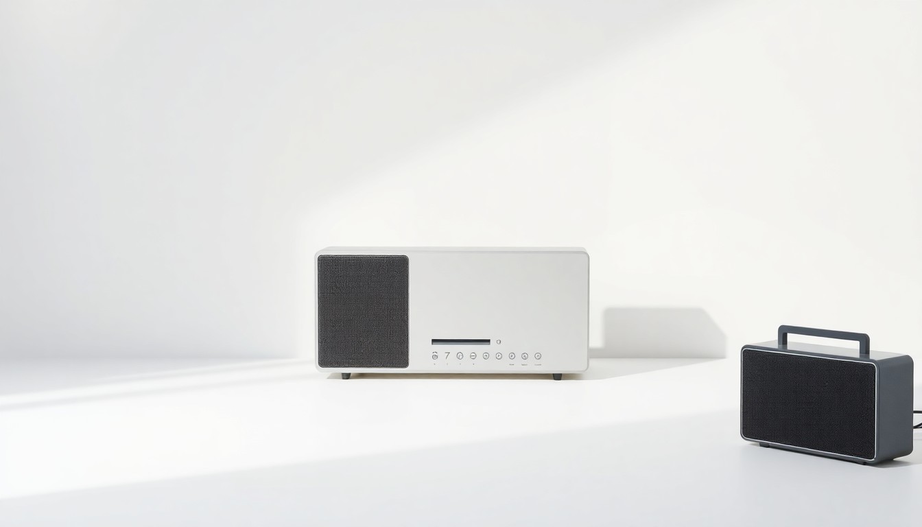 A photorealistic studio still-life image featuring a sleek, modern radio set against a clean, monochromatic background, conveying the abstract concepts of innovation and strategic disruption in the radio industry.