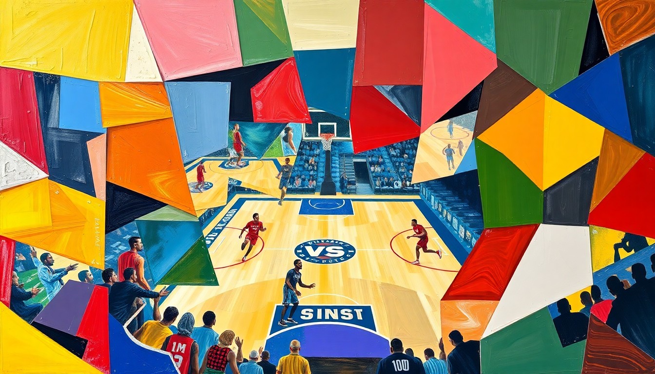 A fractured, multi-perspective painting in vibrant colors, breaking down a college basketball game or match into sharp, overlapping geometric planes, conceptually representing the dynamic nature of the latest Power 37 rankings.