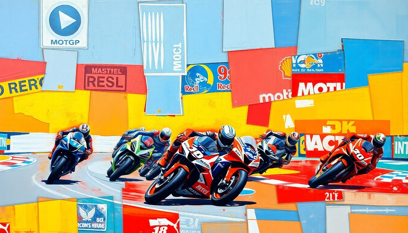 A cubist-style painting depicting a fragmented, multi-angled view of a MotoGP race scene, with sharp geometric shapes and planes in vibrant colors representing the dynamic motion and energy of the sport.