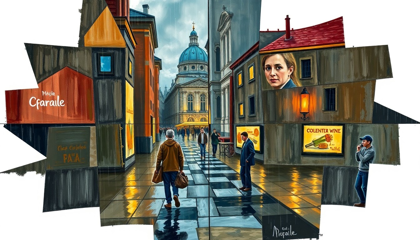 A cubist-style painting featuring fragmented, geometric shapes in shades of blue, grey, and white, depicting a person walking in the rain and encountering another person, conceptually representing the story's themes of unexpected situations and personal reflection.