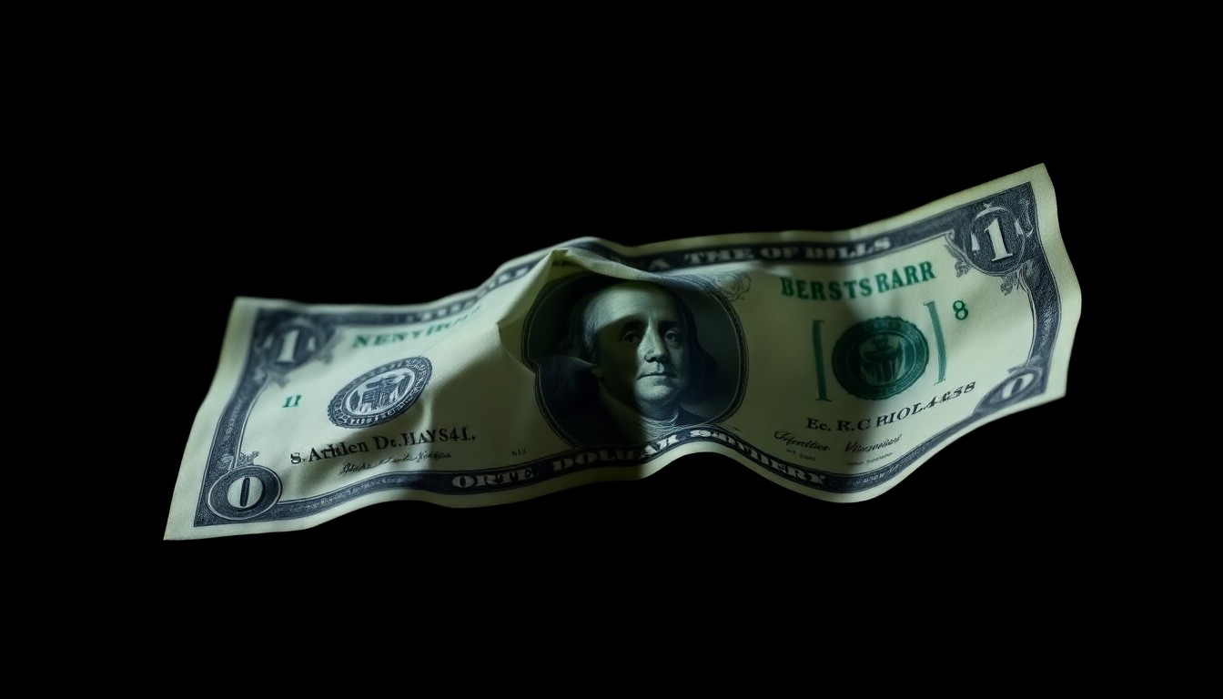 An extreme close-up photograph of a crumpled dollar bill against a pitch-black background, the harsh lighting and shallow depth of field creating a stark, gritty, investigative aesthetic.