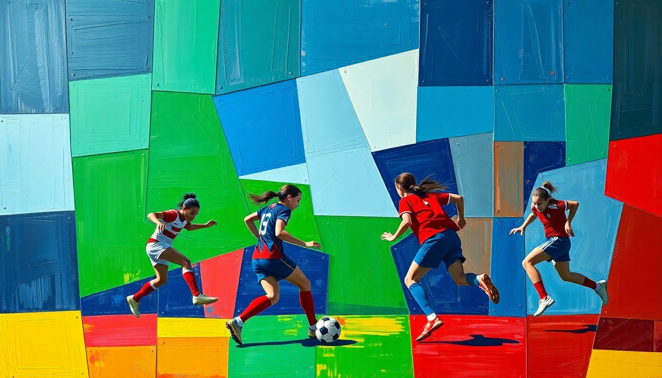 A fragmented, cubist-style painting depicting a girls' soccer match, with the players and field broken down into sharp, overlapping geometric shapes in navy, green, and red, creating a dynamic, energetic visual representation of the upcoming tournament.