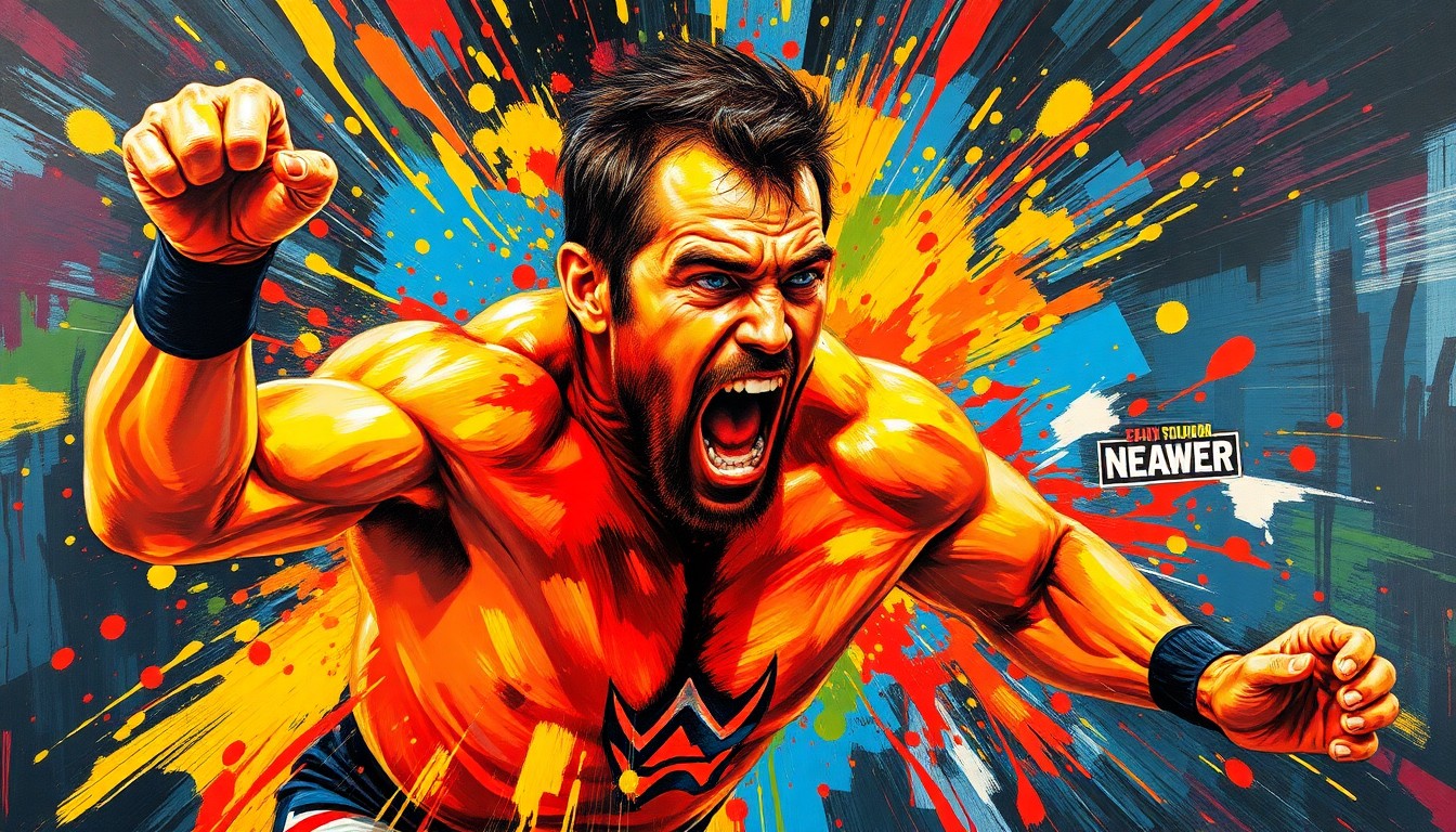 An abstract, expressionist painting in vibrant neon colors, capturing the intense physical movements and energy of a wrestler, with faces and details dissolving into a chaotic, textured composition that conveys the emotional and physical toll of the sport.