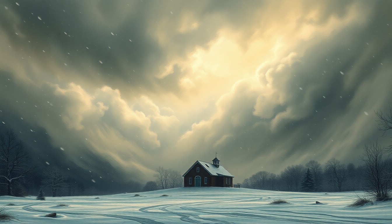 A vast, atmospheric landscape painting in muted tones of grey, blue, and white, depicting a small community building dwarfed by the overwhelming scale of a severe winter storm, conveying the isolation and vulnerability of the residents affected by the power outage.