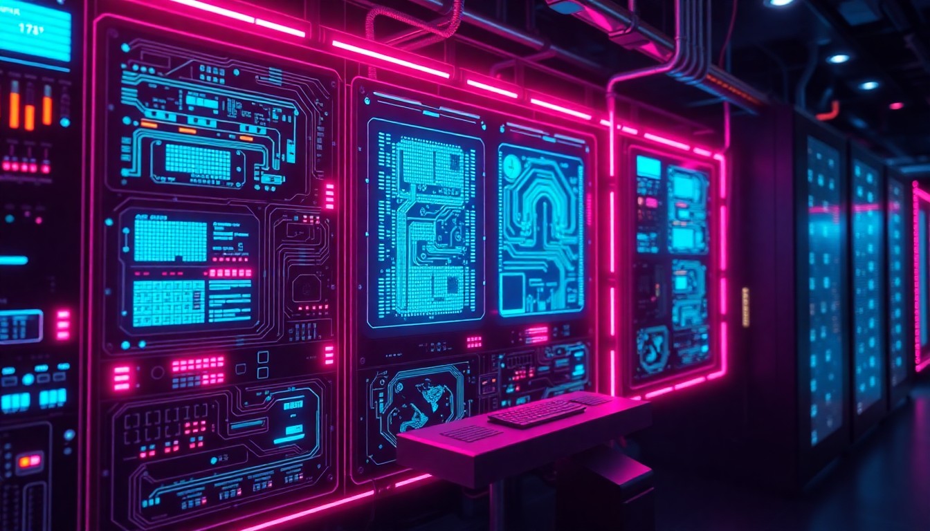 A highly detailed, glowing 3D illustration of a futuristic AI control panel or data center infrastructure, with neon cyan and magenta lights illuminating the complex circuitry and hardware, conceptually representing the ethical dilemmas and responsibilities in the AI industry.