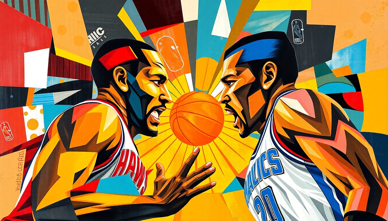 A cubist, geometric painting depicting the confrontation between two basketball players, with their bodies and movements broken down into sharp, overlapping planes of color representing the tension and physicality of the moment.
