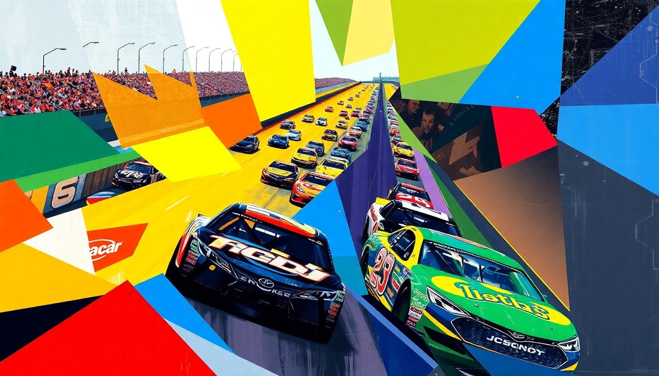 A cubist-style painting depicting the Martinsville NASCAR race, with the cars and track broken down into sharp, overlapping geometric shapes in the teams' official colors, capturing the intense competition and dramatic turn of events.
