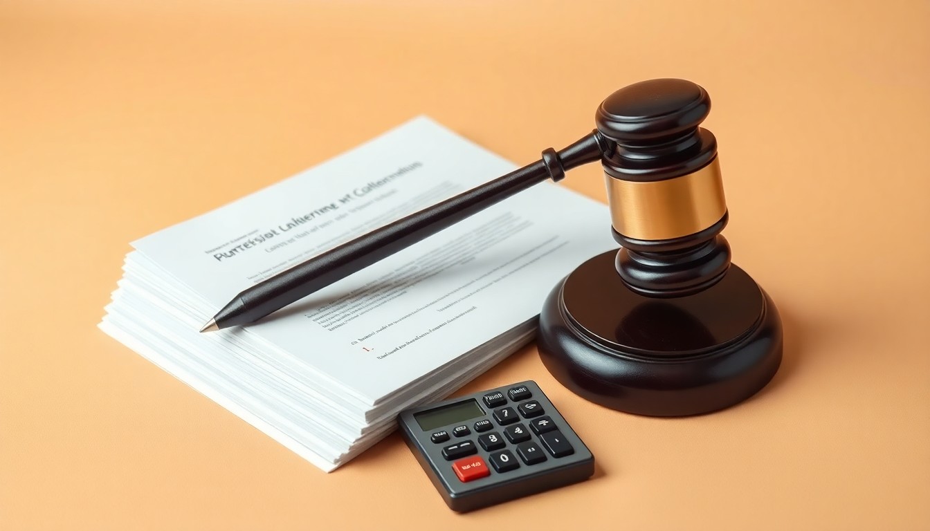 A photorealistic studio still-life image featuring a stack of legal documents, a gavel, and a calculator on a clean, monochromatic background, symbolizing the corporate litigation and financial uncertainty facing Gartner.