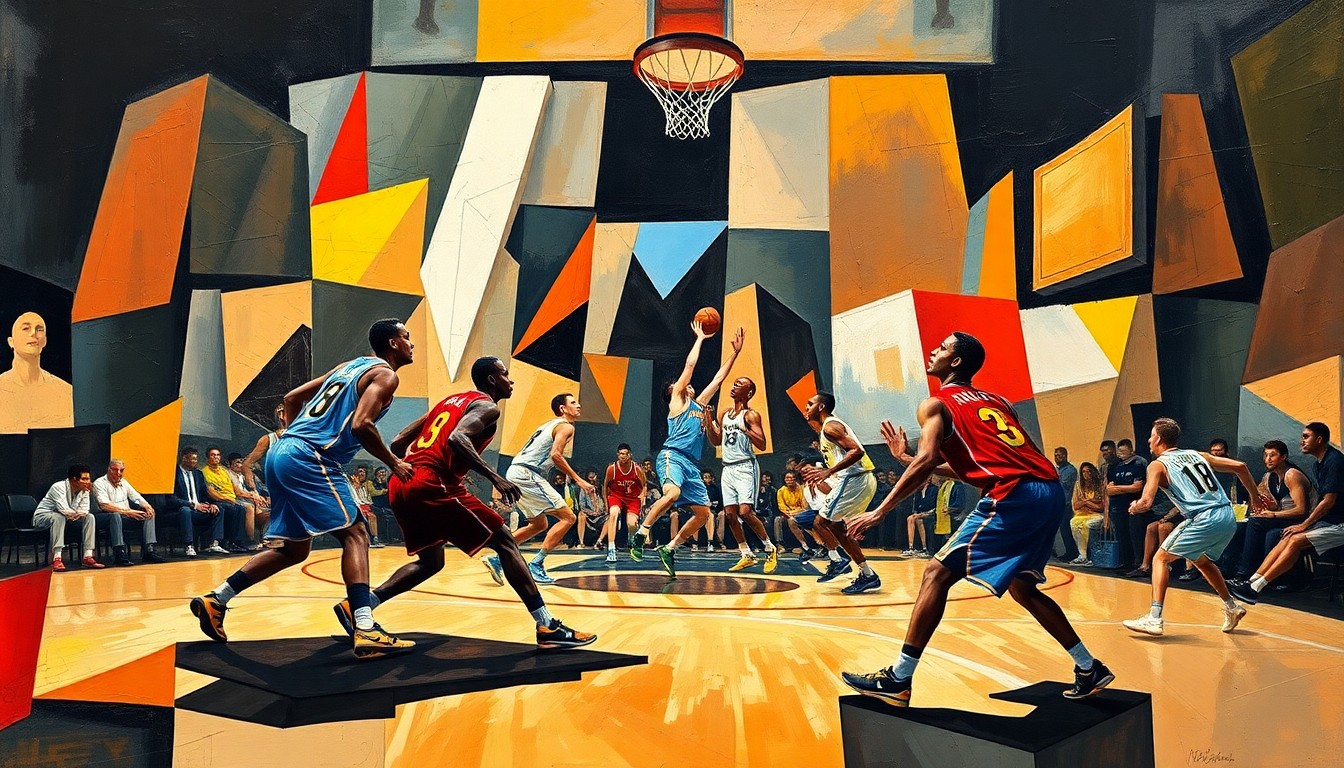 A cubist-style painting depicting a basketball game, with players' figures broken down into sharp, overlapping geometric shapes and planes, capturing the dynamic motion and intensity of the match.