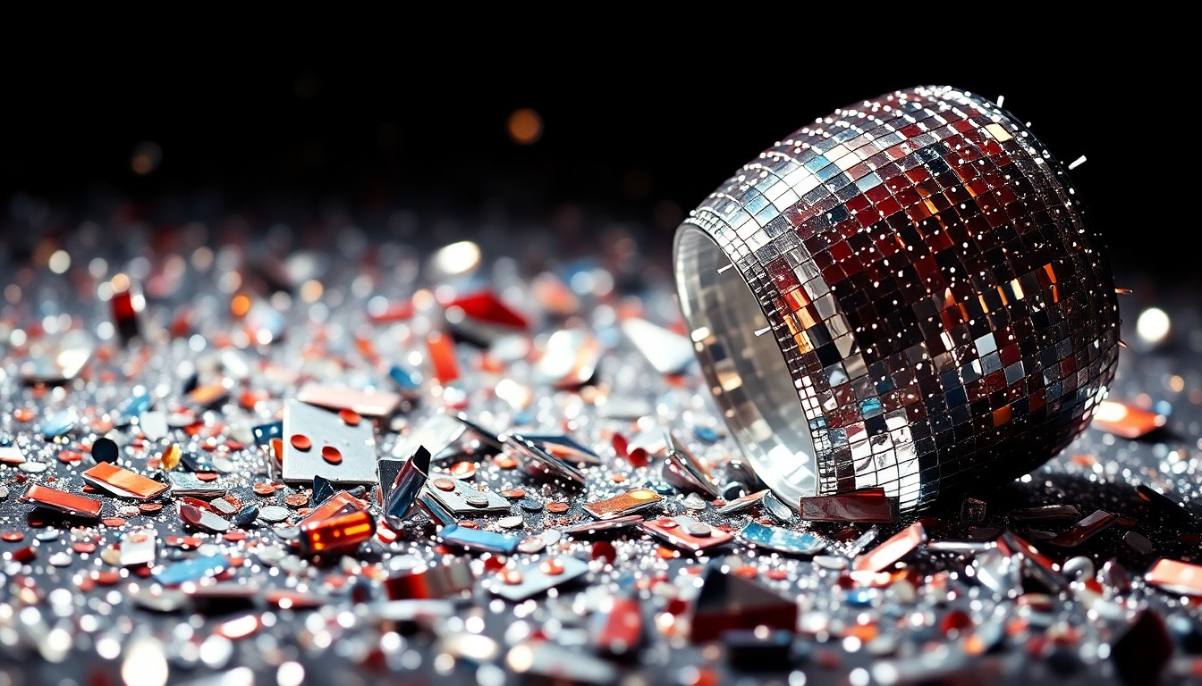 An extreme close-up of shimmering sequins and shattered glass, capturing the glitz and glamour of a major entertainment event through dramatic, high-contrast studio lighting.