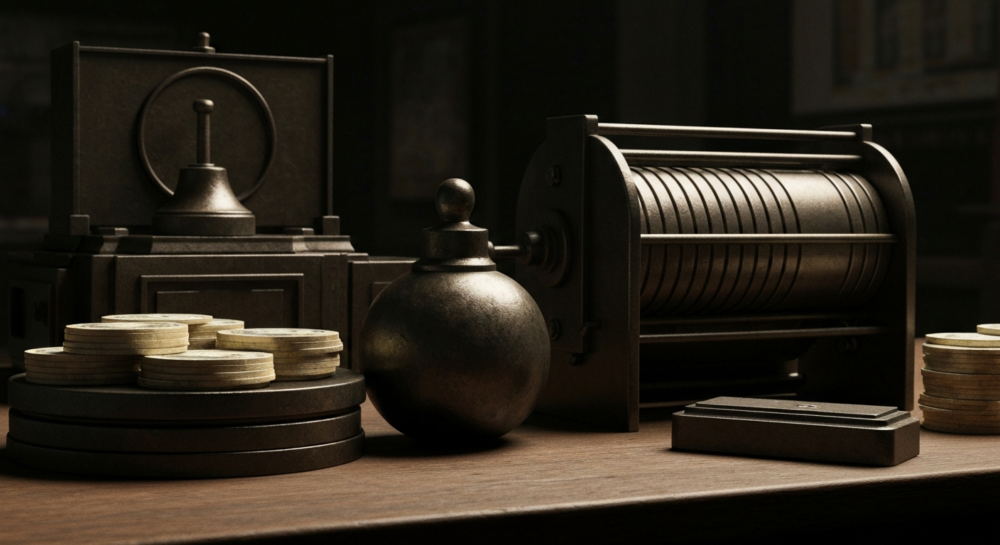 An extreme close-up of various metal gears, levers, and mechanisms, conveying the heavy, industrial nature of banking and financial systems.