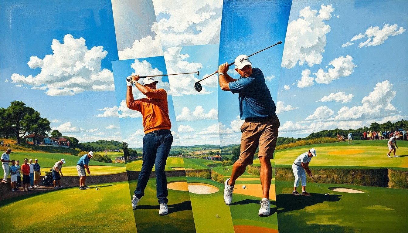 A cubist, geometric painting depicting fragmented golf scenes and actions, with sharp planes of color and form overlapping to create a sense of dynamic motion and uncertainty.