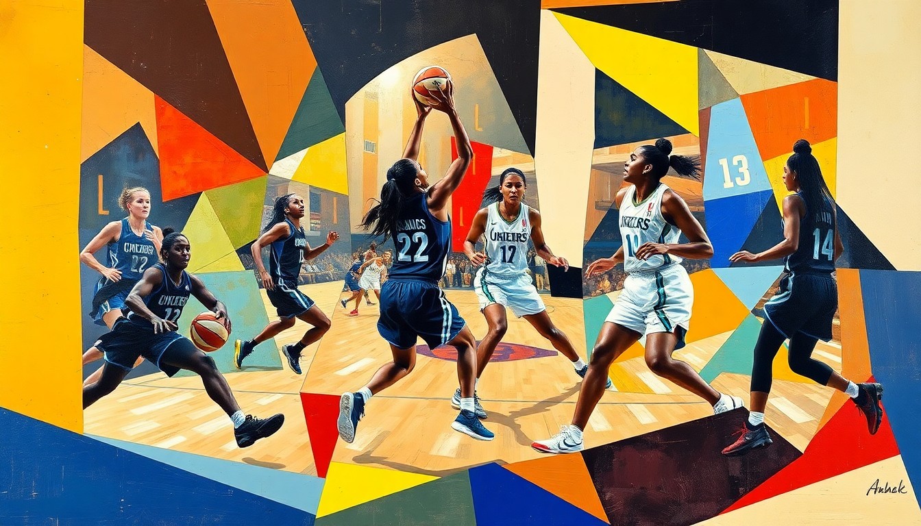 A cubist, geometric painting depicting the abstract forms and motion of a WNBA basketball game, capturing the energy and emotion of the sport.