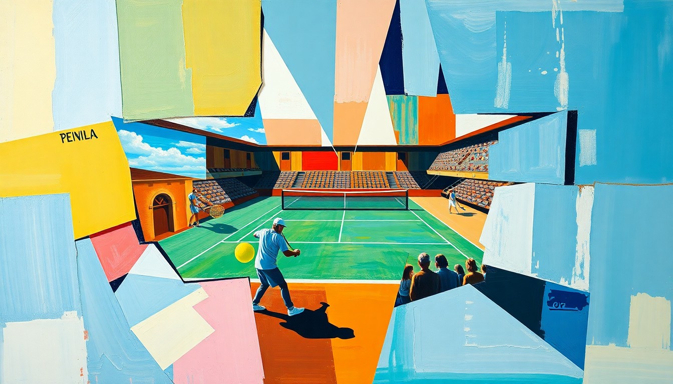 A fractured, cubist-style painting depicting the tennis match between Iga Świątek and Elena Rybakina, with sharp, overlapping geometric shapes and planes representing the power and movement of the players and the ball.