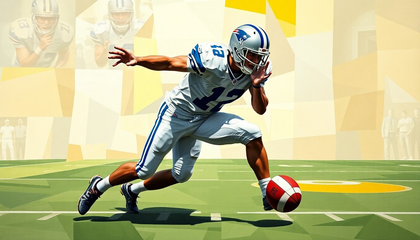 A cubist-style painting depicting a football safety making a play on the ball, with the player's form broken down into sharp, overlapping geometric shapes and planes that blend into the field of play.