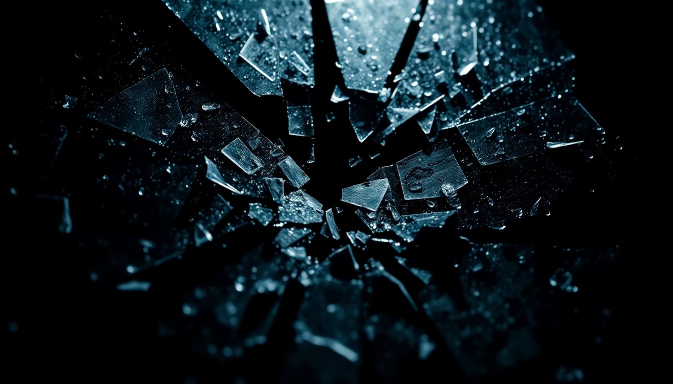 An abstract, high-contrast close-up photograph of shattered glass and twisted metal, conveying the tension between the harsh survival elements and the narrative focus of The Long Dark's final story episode.