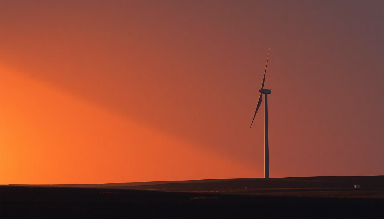 A serene, cinematic painting of a single wind turbine silhouetted against a hazy horizon, with warm sunlight casting long shadows across the scene, conveying a sense of quiet contemplation about the role of wind power in the nation's energy future.