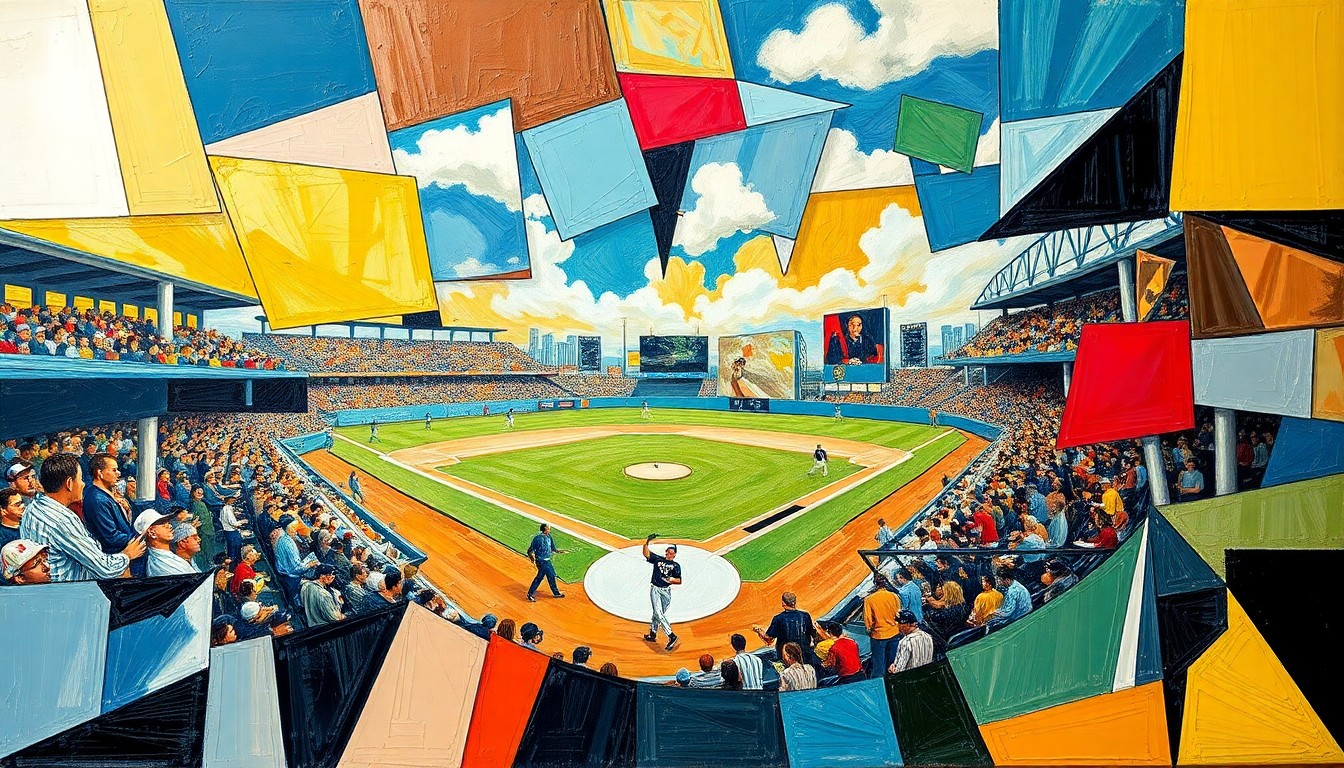A fragmented, geometric painting depicting the dynamic movements and energy of a softball game, with players and the field broken down into overlapping planes of color and shape.