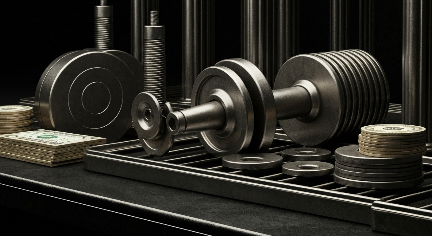 An extreme close-up of various gears, levers, and mechanisms of a banking machine, conveying the complex and intimidating nature of achieving financial security in retirement.