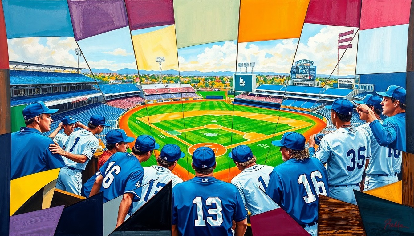 A cubist, geometric painting depicting a deconstructed baseball training session or game at the Jackie Robinson Training Complex, with Dodgers blue and white colors and abstract shapes representing the facility's buildings and fields.