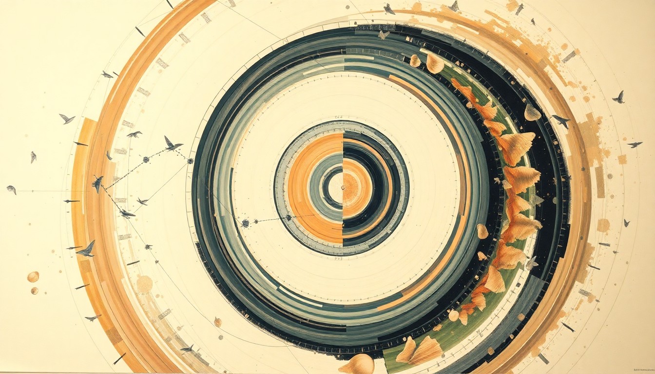 A bold, abstract painting in soft blues, greens, and grays, featuring sweeping geometric arcs, concentric circles, and intricate spirals, conceptually representing the complex systems and forces involved in waste management in the microgravity environment of space.