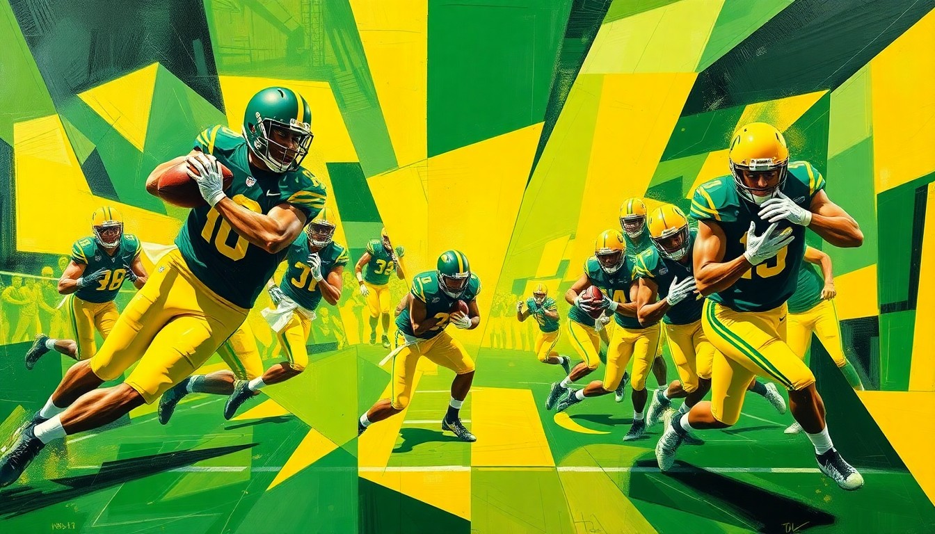 A cubist, geometric painting depicting the athletic movements and competition of Oregon Ducks football players at the NFL Combine, with sharp, overlapping planes of bright green and yellow colors.